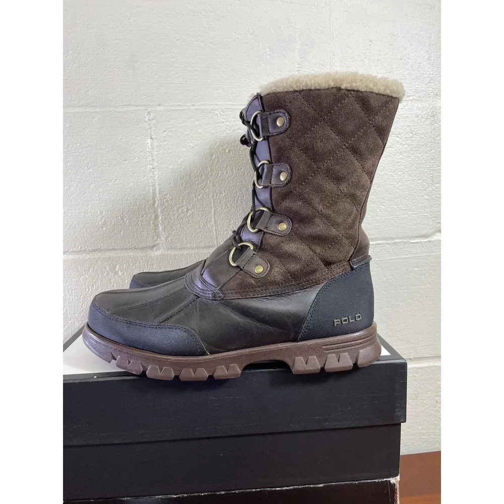 Polo Ralph Lauren Elias Brown Leather Shearling Quilted Boots Men's 10.5 D